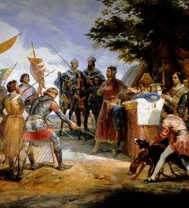 Guerra Franco-Inglesa (1202-1214): "a Batalha de Bouvines a 27/07/1214, Philippe Auguste põe em jogo a coroa da França" Ela se opôs ao exército francês de Philippe Auguste contra os Flamengos e os Welfs de Othon IV. A vitória da França foi decisiva na o de Emile Jean Horace Vernet