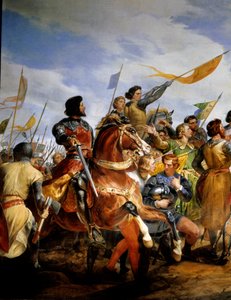 Guerra Franco-Inglesa (1202-1214): "a Batalha de Bouvines a 27/07/1214, Philippe Auguste põe em jogo a coroa da França" Ela se opôs ao exército francês de Philippe Auguste contra os Flamengos e os Welfs de Othon IV. A vitória da França foi decisiva na o de Emile Jean Horace Vernet