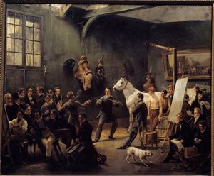 A oficina do Horace Vernet em 1820. Muitos aprendizes praticam em modelos animais. Pintura de Horace Emile Vernet (1789-1863) 1820 Sol. 0,55x0,65m. Coleção Carnot. de Emile Jean Horace Vernet