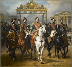 O Rei Louis-Philippe rodeado pelos seus cinco filhos a sair pelos portões principais do Château de Versailles após uma revista militar nos pátios, 10 de junho de 1837.