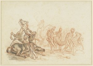 Cena de guerra na Espanha: um cavalo ferido é morto com um tiro de pistola de Emile Jean Horace Vernet