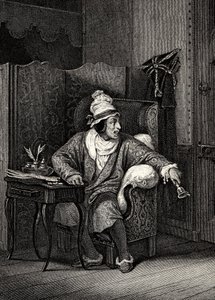 Cena de The Imaginary Invalid de Moliere, de Horace Vernet, gravura - Le Malad imaginaire de Jean-Baptiste Poquelin dit Moliere (1622-1673) de Emile Jean Horace Vernet