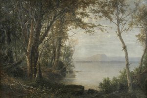 Monte Katahdin, paisagem com lago e montanha de Horace Wolcott Robbins