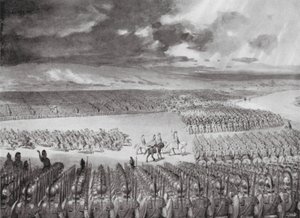 Porus aguarda o ataque de Alexandre, julho de 326 a.C. (litografia) de Horace van Ruith