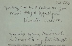 Parte da primeira carta escrita por Nelson após a perda do braço direito de Horatio Nelson