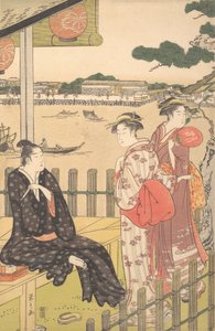 Grupo em uma casa de chá na margem do rio Sumida, ca. 1790. de Hosoda Eishi
