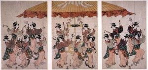 A Dança Sumiyoshi, tríptico, c.1791 (impressão em bloco de madeira colorida) de Hosoda Eishi