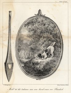 Modelo para um desenho para um ecrã bordado à mão mostrando um cão na margem de um rio de Houtman Van