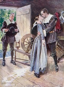 Ilustração para O cortejo de Miles Standish por Henry Wadsworth Longfellow (cor litho)