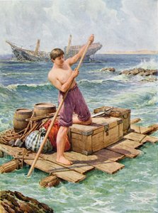 Trazendo a jangada dos destroços, ilustração de "Robinson Crusoe" de Daniel Defoe (1660-1731) (cor litho)