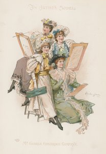 Grupo de quatro mulheres bem vestidas segurando pranchetas de desenho (litografia a cores) de Howard Davie