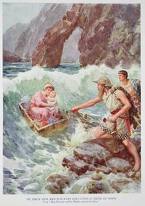 "Ele desenhou-a e ao bebé a salvo sobre um parapeito de pedra" (cor litho) de Howard Davie