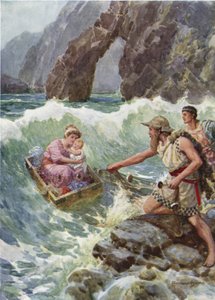Ele desenhou-a e ao bebé a salvo sobre um parapeito de rocha. De How Perseus e a sua mãe vieram para Serifos (cor litho)