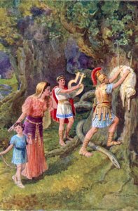"Jason arrancou o velo do tronco da árvore" (cor litho) de Howard Davie