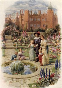 Rei Carlos I e Rainha Henrietta em Hampton Court (cor litho) de Howard Davie