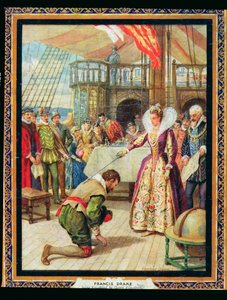 Rainha Elizabeth I (1530-1603) cavaleiros Francis Drake (1540-96), ilustração de 