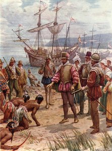 Sir Walter Raleigh aterragem na Virgínia (cor litho) de Howard Davie