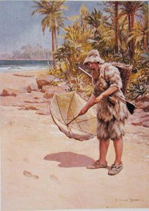 The Footprints in the Sand, ilustração de "Robinson Crusoe" de Daniel Defoe (1660-1731) (cor litho)