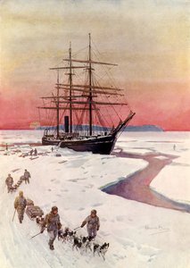 Descarregando o "Terra Nova" em McMurdo Sound (lito a cores) de Howard Davie
