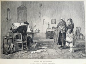 Duas mulheres irlandesas trazem um presente a uma religiosa. Gravura de H. Werdmuller após a pintura de H. Helmick no século XIX.