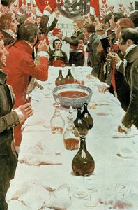 Um banquete a Genet, ilustração de “Washington e a mania francesa de &39;93&39; por John Bach McMaster, bar. na revista Harper, 1897 de Howard Pyle