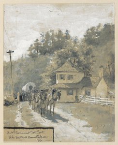 Uma antiga portagem governamental com um expresso rumo a oeste, desenho de uma ilustração para o artigo "The Old National Pike", de William Henry Rideing de Howard Pyle