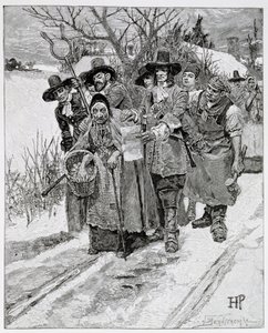 Prendendo uma bruxa, gravada por J. Bernstrom, ilustração "da segunda geração de ingleses em América" por Thomas Wentworth Higginson, bar. na revista Harper&39;s, 1883 de Howard Pyle