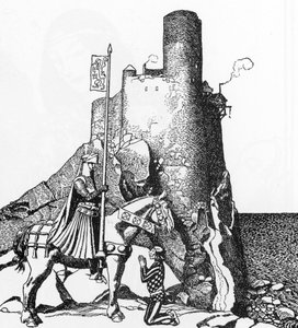Lenda arturiana: Tristão chegando ao Castelo de Nabon (Sir Tristam chegando ao castelo de Sir Nabon) Ilustração de Howard Pyle (1853-1911) de "The Story of the championpions of the round table" 1905 Colecção privada de Howard Pyle