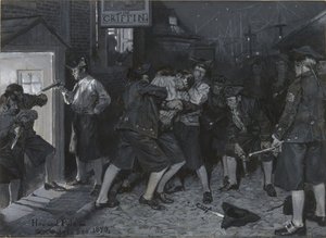 Na insígnia do Grifo, desenho de uma ilustração para o artigo «Antigos cafés de Nova Iorque», de John Austin Stevens de Howard Pyle