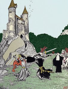 Batalha entre o Rei Artur (Artus) e o cavaleiro negro, na presença de Merlin, o encantador. Ilustração de Howard Pyle (1853 - 1911), ilustrador americano de Howard Pyle