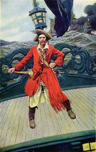 O capitão Keith no convés do seu navio. Ilustração do "Livro dos Piratas Bucaneiros e Maroonheiros do Continente Espanhol" de Howard Pyle (1853-1911), ilustrador americano