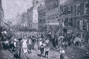 Carnaval em Filadélfia, ilustração "da batalha do tribunal de Monmouth" por Benson J. Lossing, bar. na revista Harper&39;s, junho de 1878 de Howard Pyle