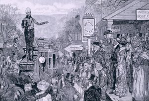 "General Jackson, presidente eleito, a caminho de Washington", ilustração de "A Presidential Progress", pub. em Harper&39;s Weekly, 1881 de Howard Pyle