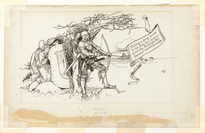 Ilustração para The Accommodating Circumstance, II; Colocando uma longa seta no seu arco, ele enviou-a directamente através do cavaleiro mais importante de Howard Pyle