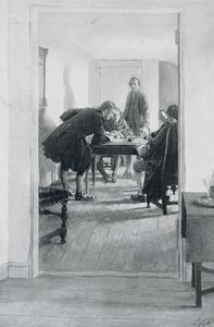 Na taberna velha de Raleigh, ilustração de "em casa em Virgínia" por Woodrow Wilson, bar. na revista Harper, 1896 de Howard Pyle