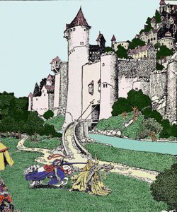 O Rei Artur (Artus) e o cavaleiro negro lutam no pátio de Camelot. Ilustração de Howard Pyle (1853 - 1911), ilustrador americano