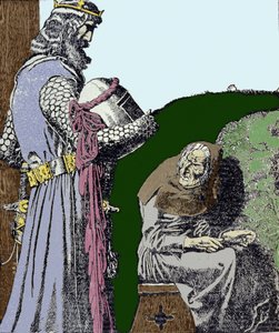 O Rei Artur (Artus) e a bruxa. Ilustração de Howard Pyle (1853 - 1911), ilustrador americano.