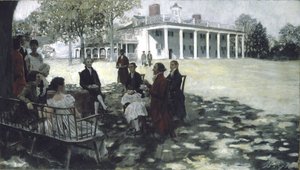 Martha e George Washington entretêm seus amigos no gramado de Mount Vernon, em 1898 (óleo e grisalha na tela) de Howard Pyle