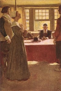 Tintureiro de Mary trazido antes do regulador Endicott, ilustração "da suspensão de Mary Dyer" pelo rei da manjericão, bar. na revista McClure, 1906 de Howard Pyle