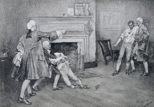 Reunião do capitão Tollemache e do capitão Pennington &39;na cidade arma-se&39;, ilustração &39;das tabernas velhas de New York&39; por John Austin Stevens, bar. na revista Harper&39;s, 1890 de Howard Pyle