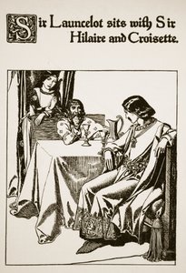 Sir Lancelote senta-se com Sir Hilaire e Croisette, ilustração de "A História dos Campeões da Mesa Redonda" de Howard Pyle