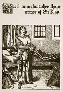 Sir Lancelote leva a armadura de Sir Kay, ilustração de "A História dos Campeões da Mesa Redonda" de Howard Pyle