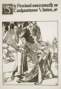 Sir Percival vence a encantadora Vivien, ilustração de "A História dos Campeões da Mesa Redonda" de Howard Pyle