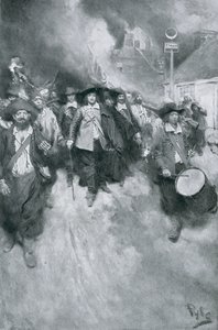 A queimadura de Jamestown, 1676, ilustração das "colônias e nação" por Woodrow Wilson, bar. em Harper&39;s Magazine, 1901 (lito) de Howard Pyle