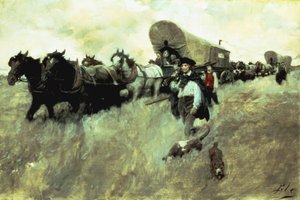 Os colonos de Connecticut entrando na reserva ocidental, 1795 de Howard Pyle