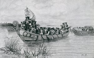 A aterragem de Cadillac, ilustração "da cidade do estreito" por Edmund Kirke, bar. em Harper&39;s Magazine, 1886 de Howard Pyle