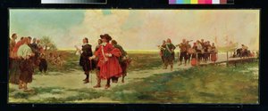 O desembarque de Carteret em Nova Jersey (óleo sobre tela) de Howard Pyle