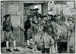A Máfia Tentando Forçar um Oficial de Carimbos a Renunciar, da Harper&39;s Magazine, 1882 de Howard Pyle