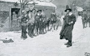 O regulador puritano que interrompe os esportes do Natal, gravado por J. Bernstrom, ilustração de "Natal" por George William Curtis, bar. na revista Harper&39;s, 1883 de Howard Pyle