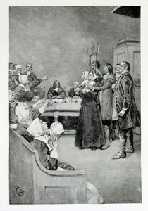 A experimentação de uma bruxa, ilustração de "Giles Corey, Yeoman" por Mary E. Wilkins, bar. na revista Harper, 1892 de Howard Pyle